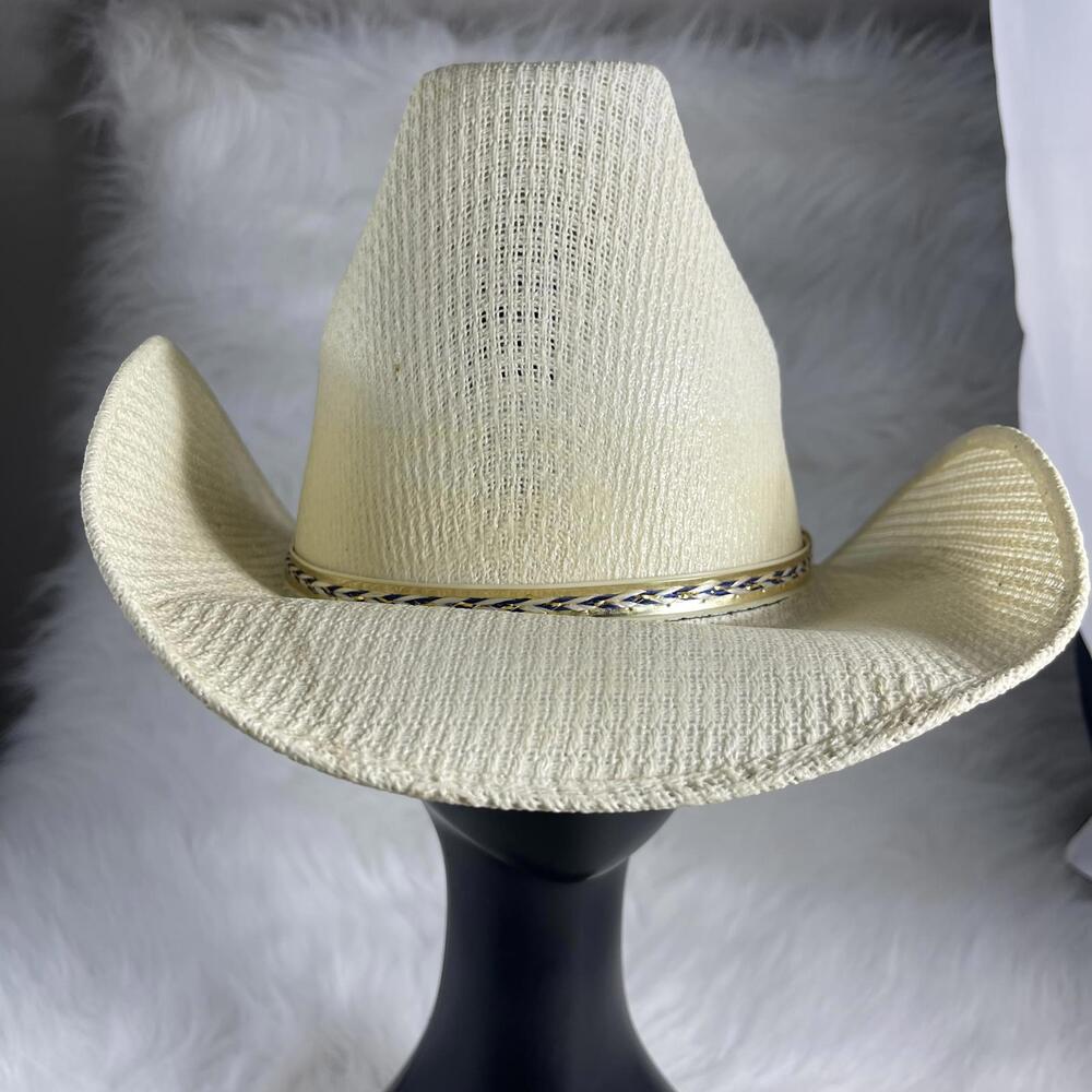 Vintage Hecho En Mexico Ivory Colored Western Cowboy Hat with Feather Size M